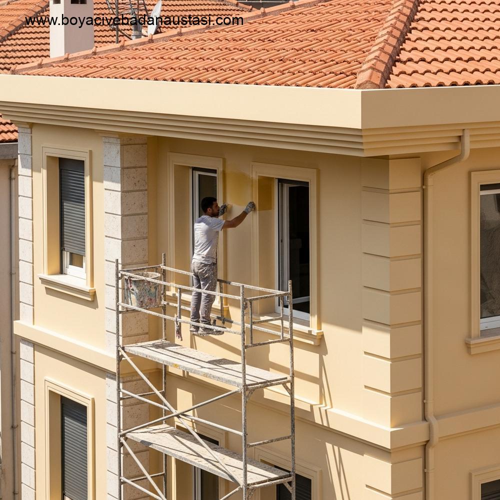 İzmir'de sıcak kum rengine yeni boyanmış modern bir binanın dış cephesi ve iskelede kontrol yapan profesyonel bir boyacı.