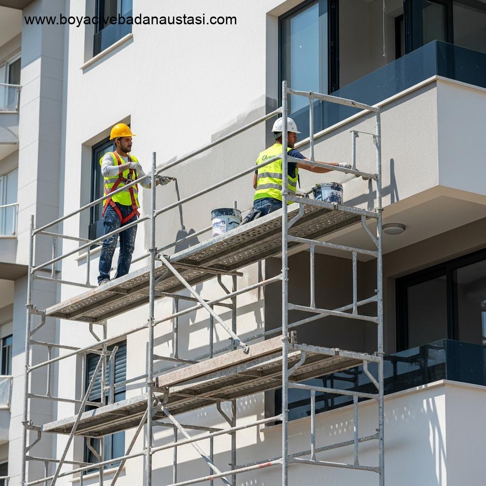 Güneşli bir Akdeniz şehrinde, çok katlı modern bir binanın dış cephesine dayanıklı, hava koşullarına dirençli elastomerik boya uygulamak için iskele ekipmanlarını güvenli bir şekilde kullanan, güvenlik yelekleri ve kaskları içinde iki işçinin yer aldığı profesyonel bir inşaat sahası fotoğrafı. Güvenli iskele kurulumuna ve dış cephe boyasının hassas uygulamasına odaklanın.