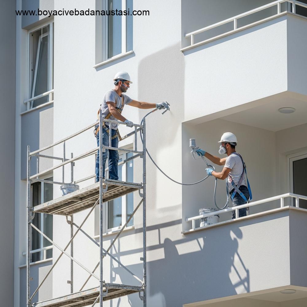 Güneşli bir Akdeniz ortamında, modern bir apartmanın dış cephesinde güvenli bir iskele sistemi kullanan iki inşaat işçisinin yer aldığı detaylı, gerçekçi bir sahne. Bir işçi sprey ekipmanıyla cepheye yüksek dayanımlı, UV dirençli dış cephe boyası uyguluyor.