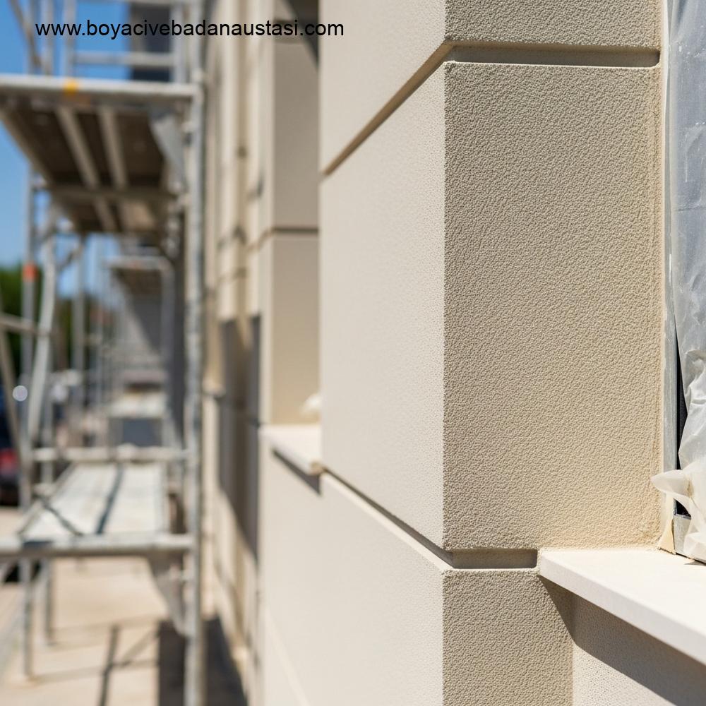 Güneşli bir kıyı şehrinde (İzmir'i çağrıştıran) modern bir binanın dış cephesinin detaylı, gerçekçi fotoğrafı. Cephe, hava koşullarına dirençli, dayanıklı, açık bej bir dış boya ile yeni boyanmıştır.