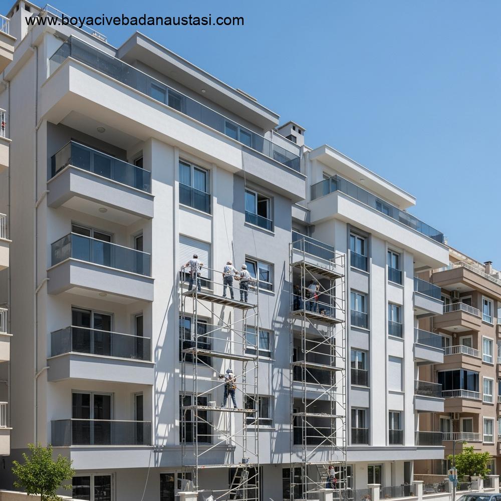 Güneşli havada İzmir'de modern, çok katlı bir konut binasının dış cephe yenileme çalışması. Güvenli iskele üzerinde bulunan boya ekibi, binanın üst katlarına dayanıklı, açık gri boya uyguluyor.