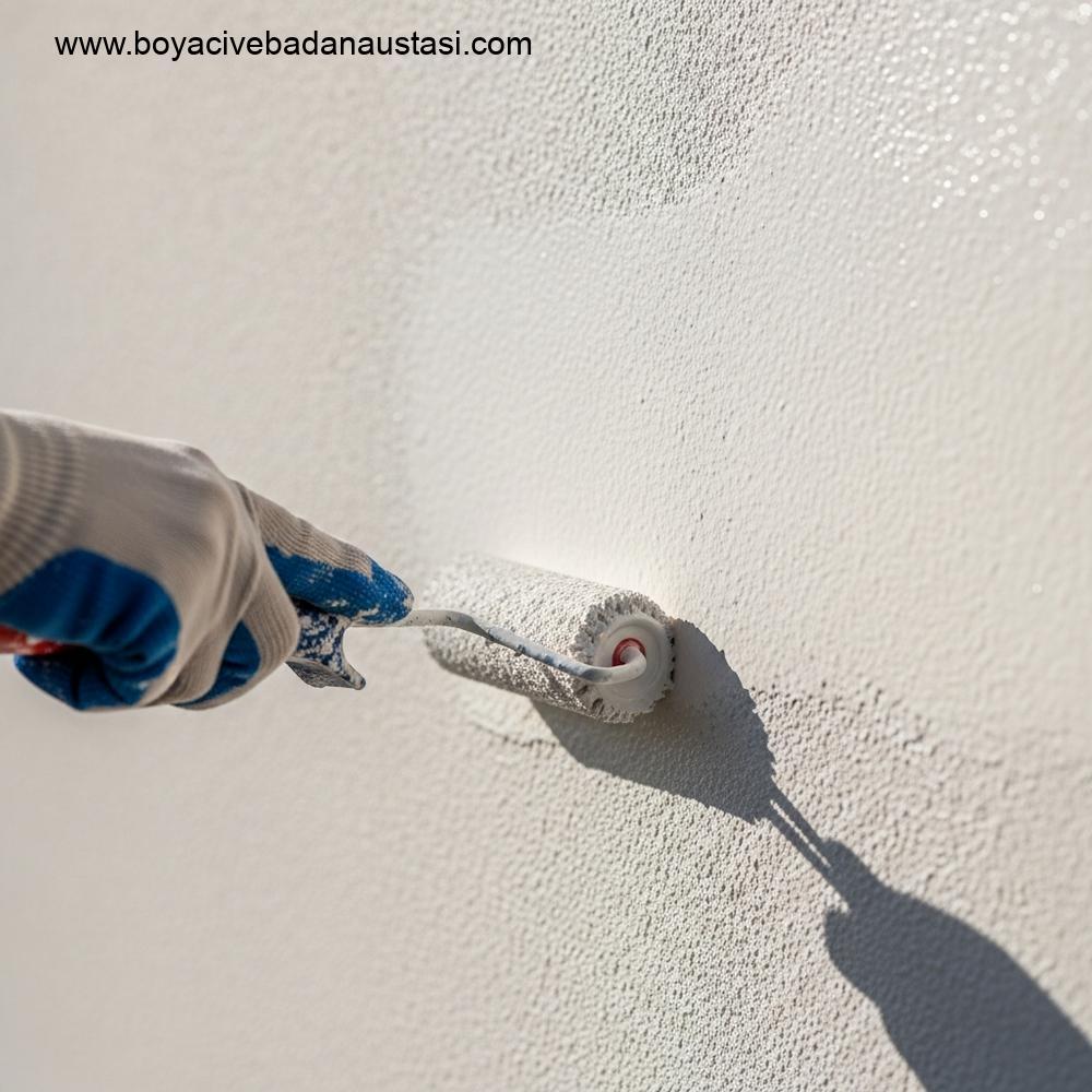 Bir boyacının elinin, dokulu bir dış cephe duvarına açık renkli boyayı rulo ile kusursuzca uyguladığı yakın çekim profesyonel fotoğraf.