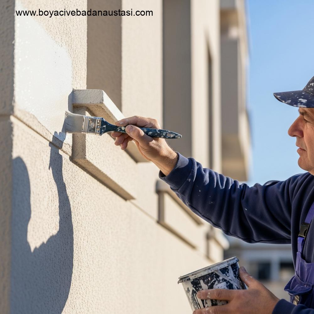 Deneyimli bir boyacının elinin, bir bina cephesine özel dış cephe boyası uyguladığı gerçekçi bir yakın çekim fotoğrafı. Boyacı, mimari bir detayın yakınına hassasiyet için uzun saplı bir fırça kullanıyor.