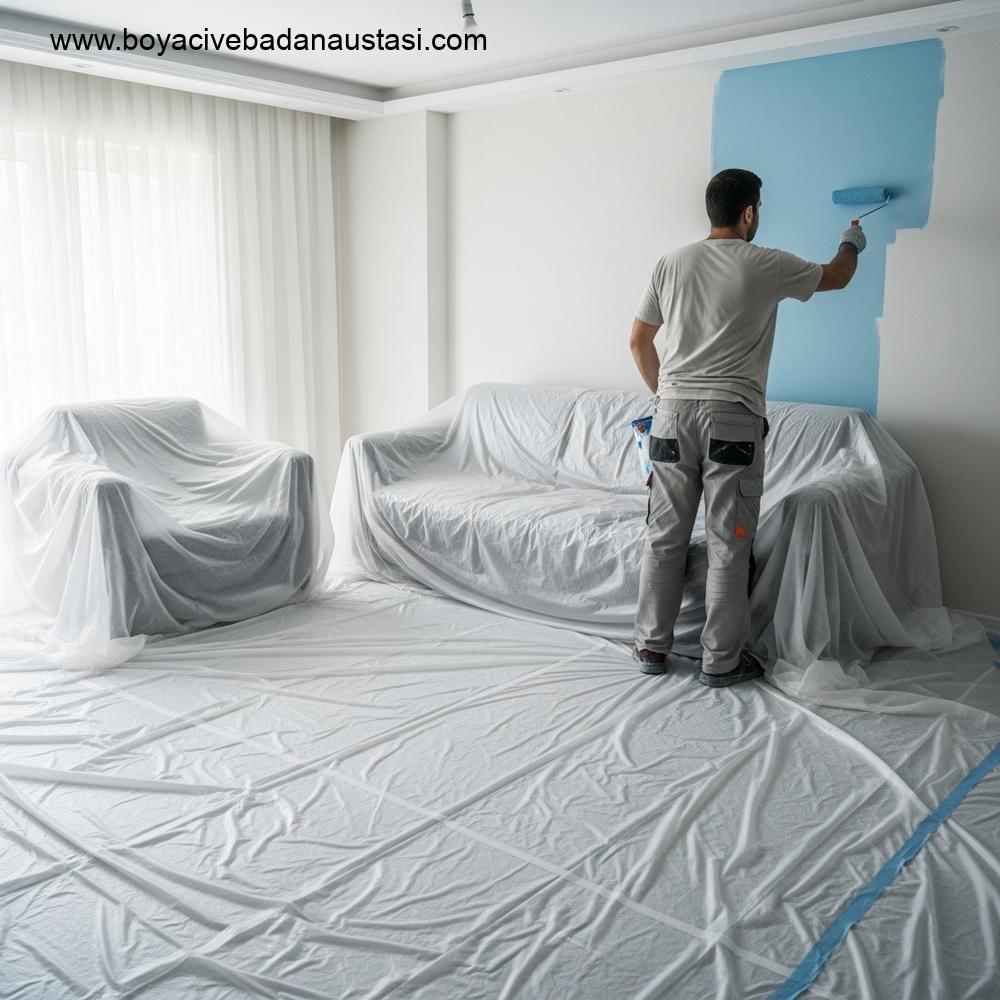 İzmir'de profesyonelce boyanan oturma odası. Tüm mobilyalar ve zeminler temiz, yüksek kaliteli örtülerle titizlikle kaplanmış. Koruyucu malzeme ile tamamen kaplı bir kanepe yakınında bir profesyonel usta rulo ile duvarı boyuyor.