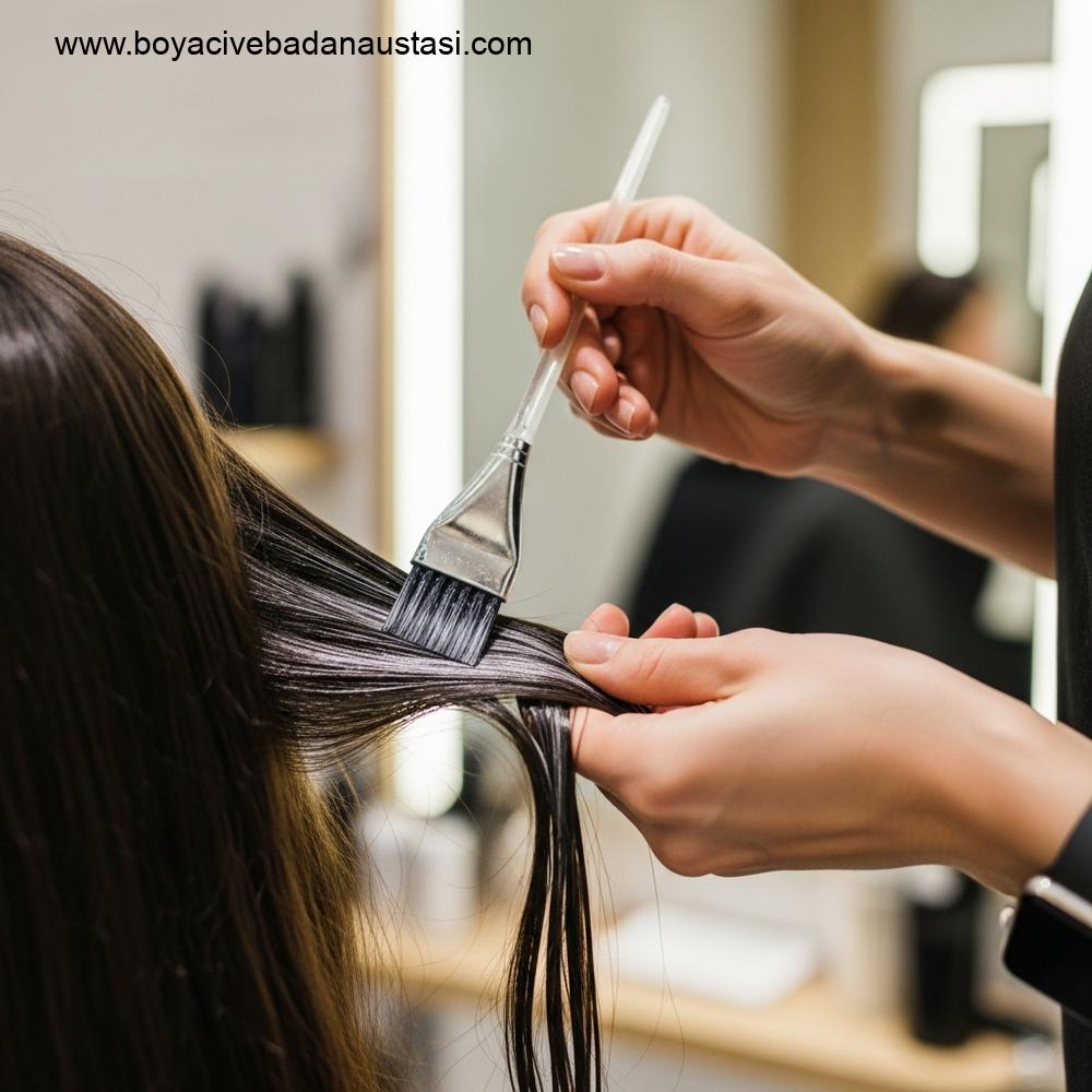 Usta bir kuaförün ellerinin fırça kullanarak sağlıklı, koyu bir saç tutamına profesyonel saç karışımı uyguladığı yakın çekim, gerçekçi bir fotoğraf. Odak noktası uygulama tekniğidir.