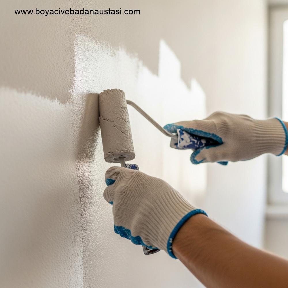 İzmir'de iç cephe duvarına açık bej, mat boya uygulayan yetenekli bir boyacının ellerinin yakından, fotogerçekçi görüntüsü. Ressam, boyayı eşit bir şekilde uyguluyor ve yeni boyanmış pürüzsüz yüzey ile boyanmamış dokulu yüzey arasındaki geçişi gösteriyor.