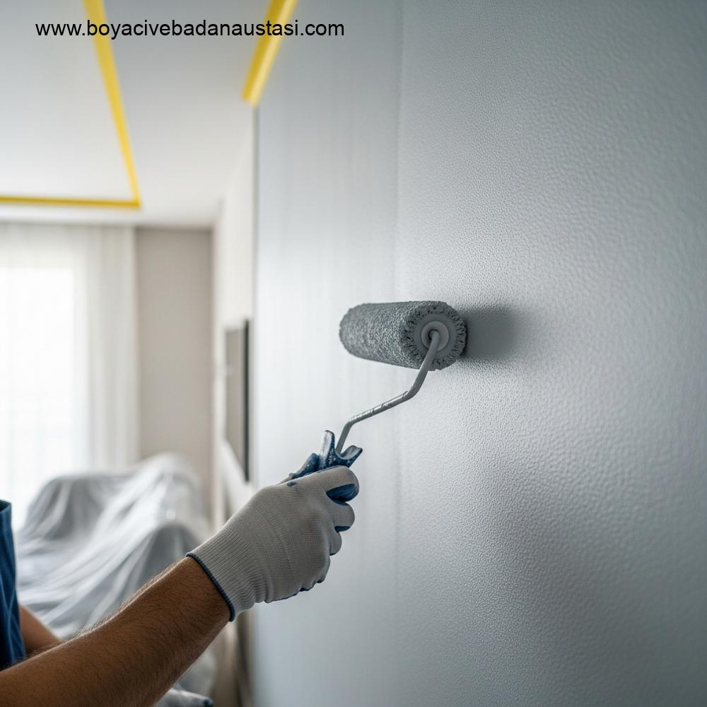 İzmir'de bir iç mekanda profesyonel bir ustanın açık gri mat boyayı dikkatle uyguladığı yakın çekim detay.