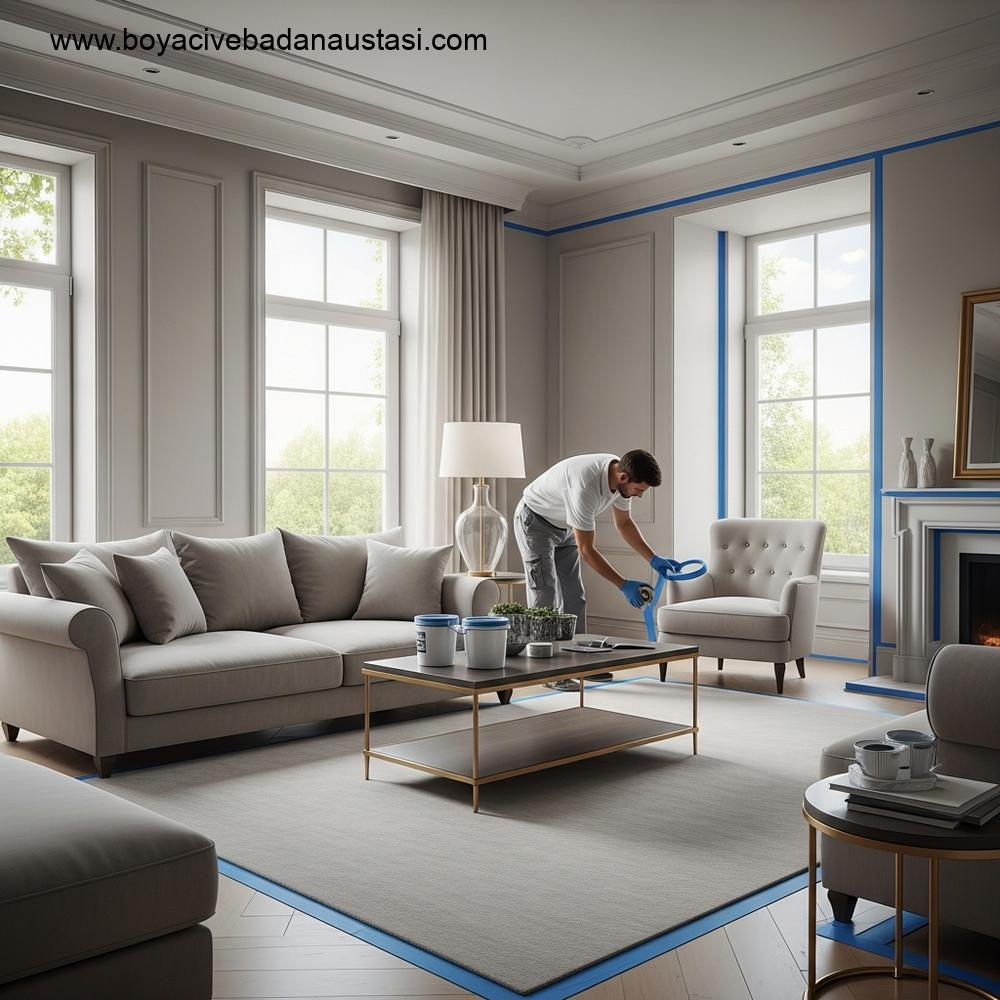 İzmir'de profesyonelce boya hazırlığı yapılan modern bir oturma odasının iç görünümü. Duvarlar ve mobilyalar mavi maskeleme bandı ile titizlikle korunuyor.