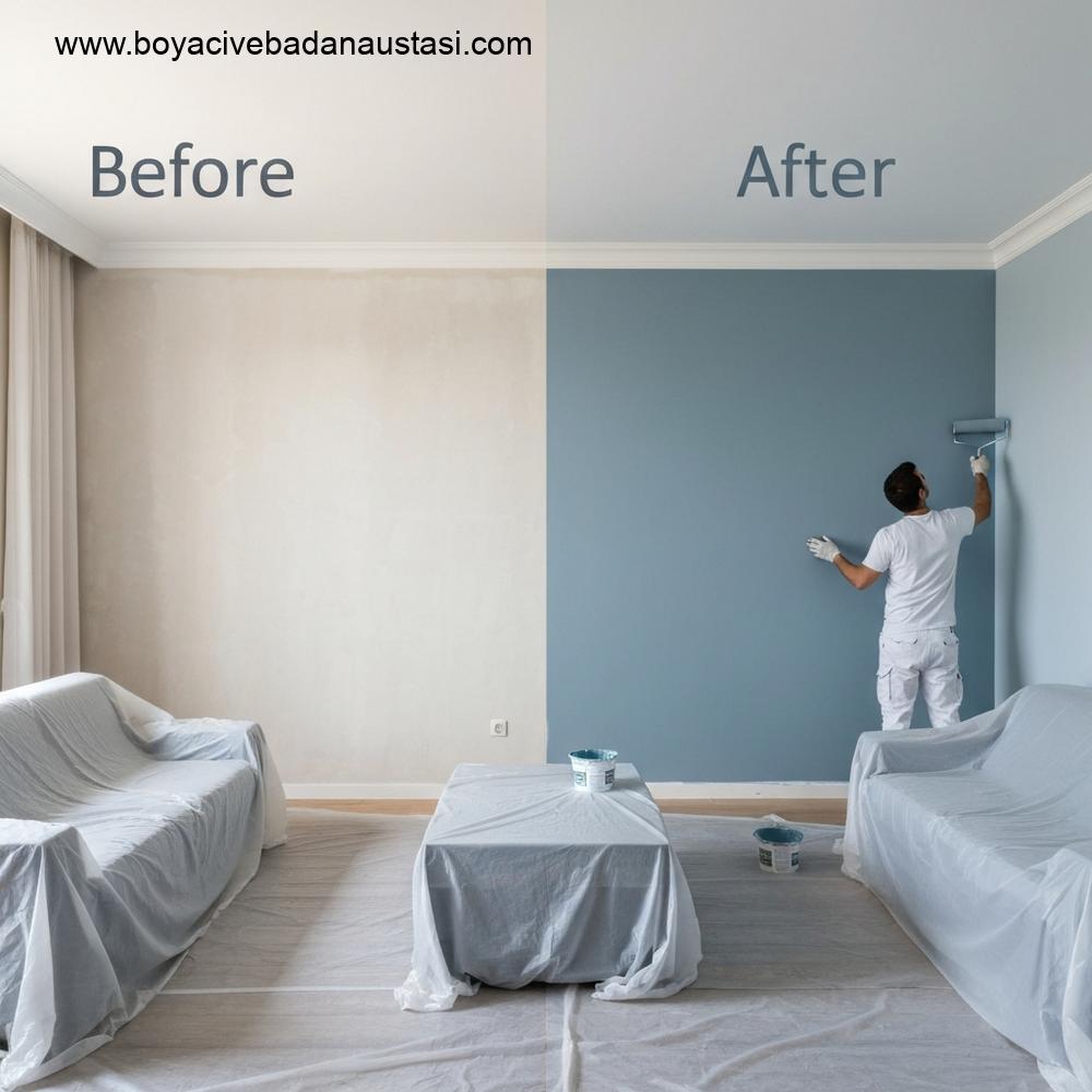 İzmir'de bir oturma odasının dönüşümünü gösteren fotoğraf; odanın bir yarısı eski, diğer yarısı modern mavi-gri renge boyanmış.