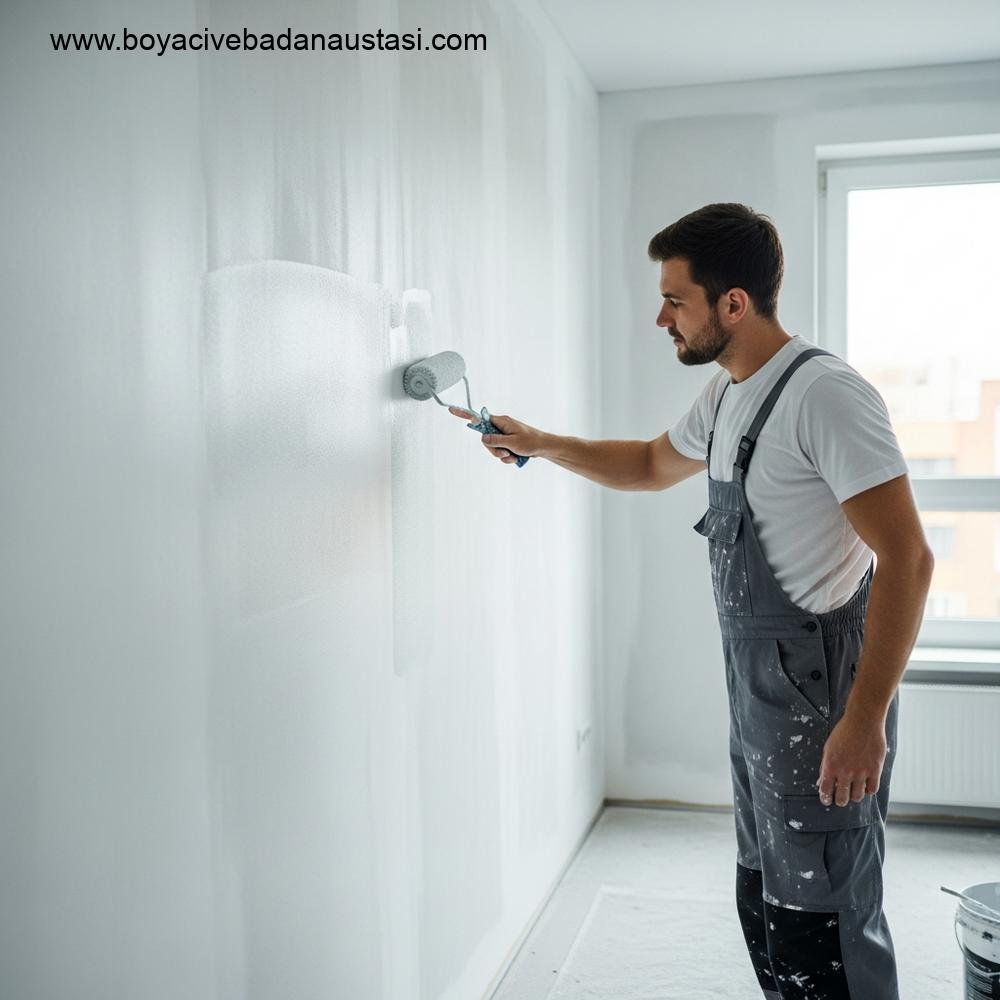 Profesyonel bir boyacının temiz iş kıyafetleri içinde, iç mekan oturma odası duvarına yüksek kaliteli, açık renkli, mat bir boyayı özenle rulo ile uyguladığı yüksek kaliteli, hiper-gerçekçi bir fotoğraf. Oda, yakındaki bir pencereden süzülen doğal ışıkla iyi aydınlatılmış görünmelidir. Uygulanan boyanın dokusu ve eşitliği üzerine odaklanın.