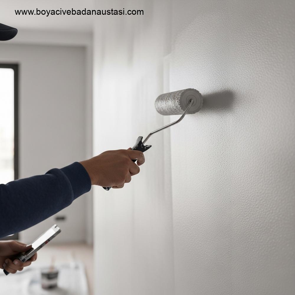 Profesyonel bir boyacının İzmir'deki modern bir oturma odasında yüksek kaliteli bir rulo kullanarak büyük bir iç duvara astar uygularken, mükemmel pürüzsüz ve eşit bir baz katman sağladığı yakın çekim, gerçekçi fotoğraf.