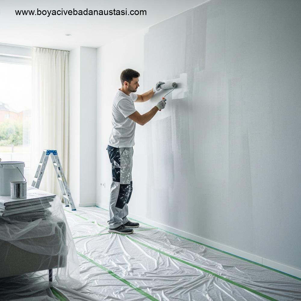 Aydınlık modern bir oturma odasında iç mekan boyama hazırlığı. Profesyonel bir boyacı yüksek kaliteli bir rulo kullanarak büyük bir duvara açık, nötr renkli bir boya uyguluyor. Zemini kaplayan koruyucu plastik örtüler ve dikkatlice istiflenmiş mobilyalar dikkat çekiyor.