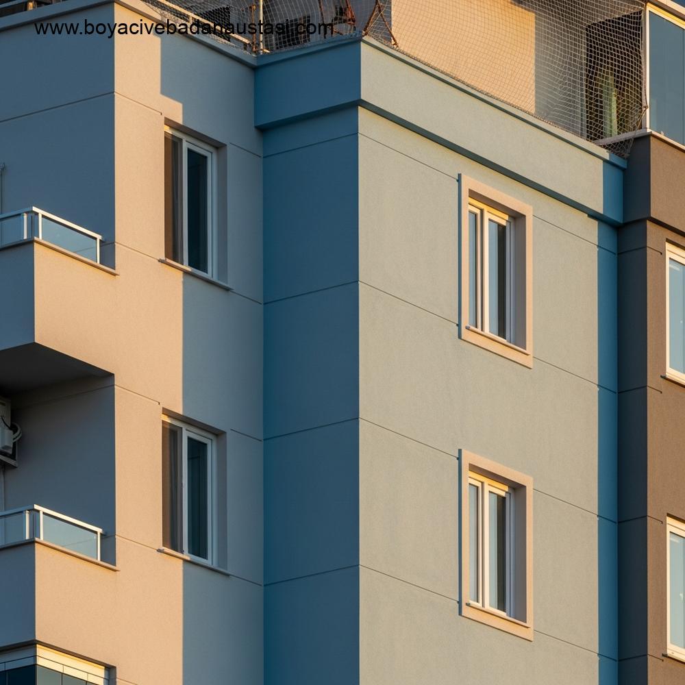 İzmir'de geç öğleden sonra güneşi altında, yeni uygulanmış soluk mavi dış cephe boyası ile yenilenen modern bir apartman binasının dış cephesinin ultra gerçekçi fotoğrafı.