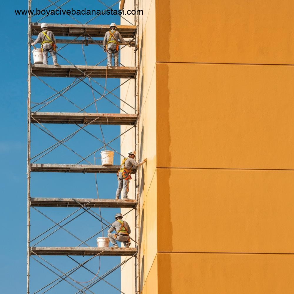 İzmir'de yüksek bir binanın dış cephesinin profesyonelce boyanarak yenilenme süreci.