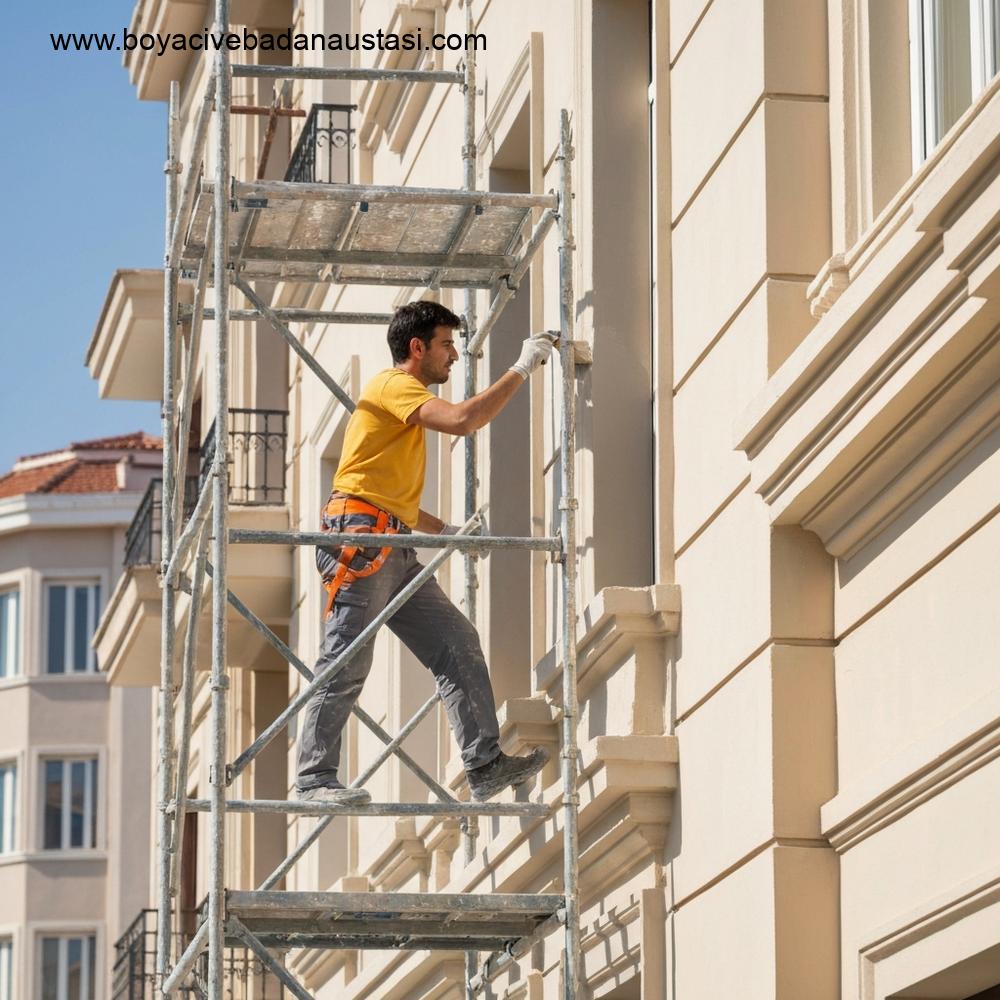 Yetenekli bir inşaat işçisi, İzmir'i anımsatan güneşli, Akdeniz tarzı bir şehir ortamında, çok katlı bir bina cephesine özel, dayanıklı dış cephe boyası uygularken sağlam iskele üzerinde güvenli bir şekilde çalışıyor. Odak noktası, detaylı bir mimari eleman üzerinde ustaca fırça kullanan işçi, elementlere karşı hazırlık ve korumayı vurguluyor. Fotogerçekçi, açık gökyüzü, resimde metin yok.