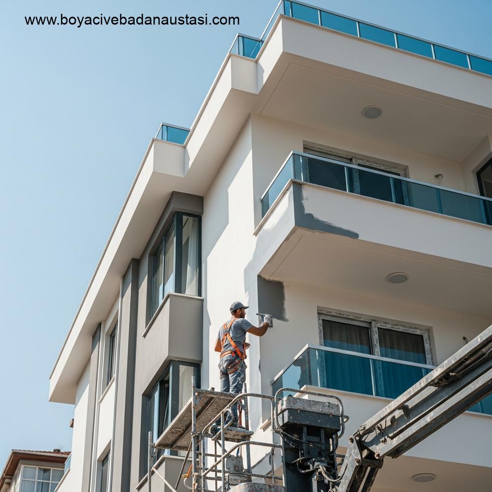 İzmir'de çok katlı bir binanın dış cephesinde çalışan bir inşaat işçisinin veya boyacının hiper-gerçekçi fotoğrafı.
