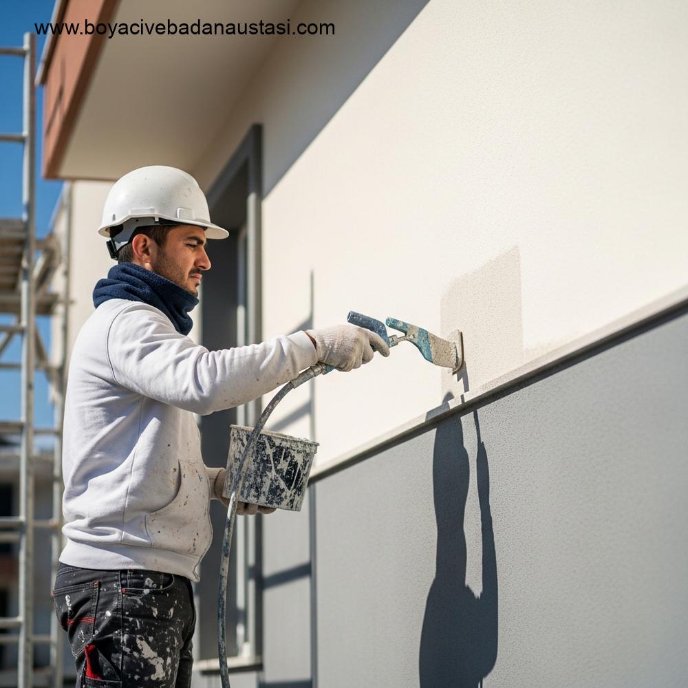 A professional construction worker, wearing clean safety gear, meticulously applying exterior paint to a residential building facade in bright sunlight, evoking the Mediterranean climate of İzmir. The wall surface shows a durable, weather-resistant coating being applied over a pre-insulated surface. Focus on the high-quality application tools and the clean transition of the new color. No people's faces clearly visible, no text, photorealistic, emphasizing texture and protection.