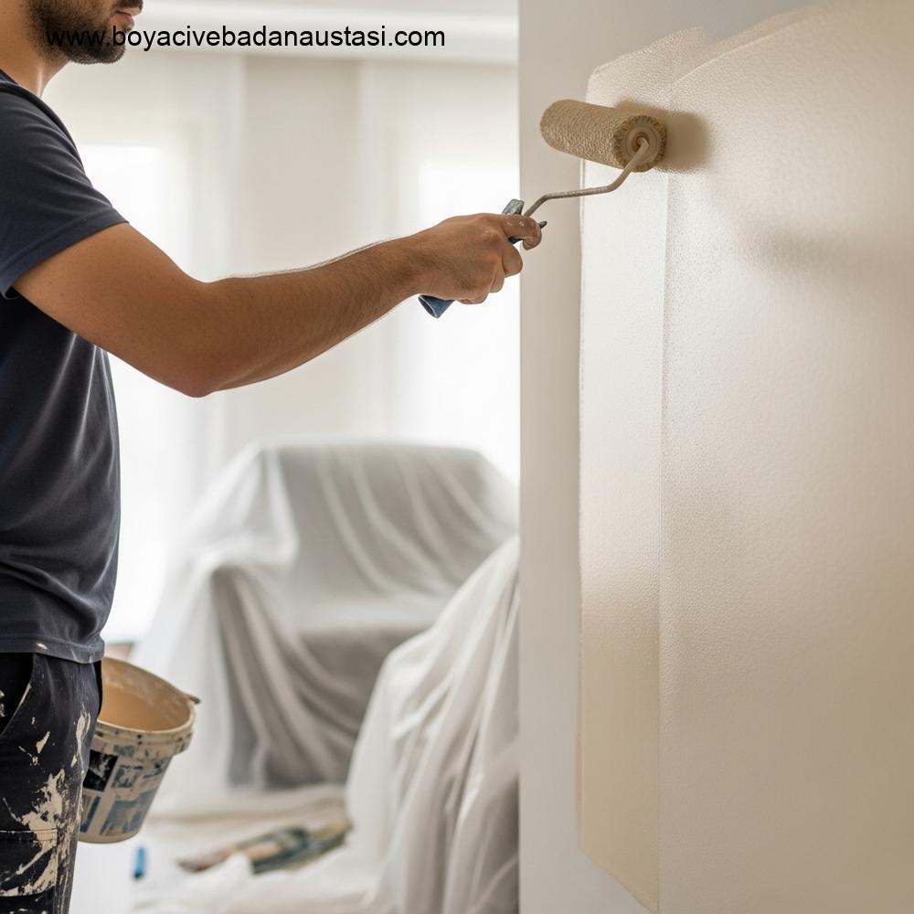 İzmir'de bir oturma odasında profesyonel bir boyacı ustasının duvarı düzgün bir şekilde boyadığı yakından çekilmiş gerçekçi fotoğraf.