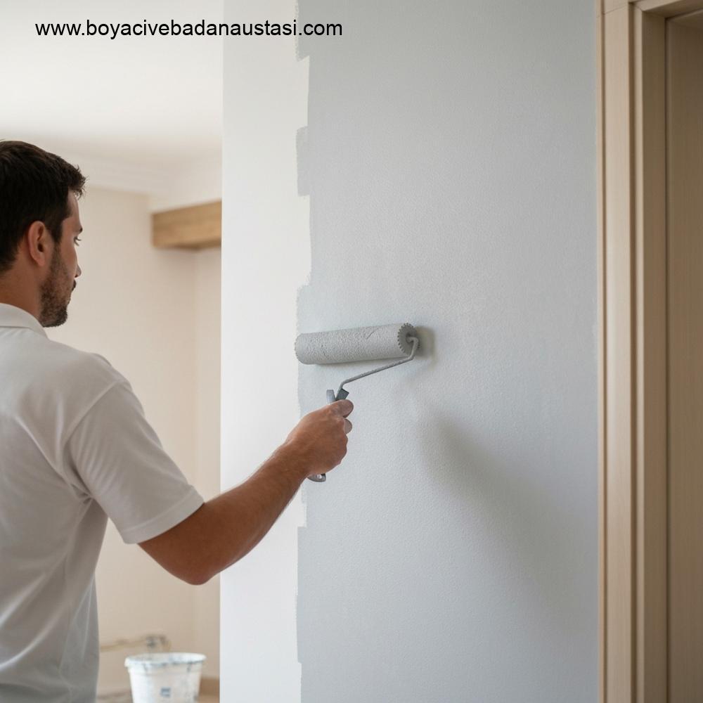 İzmir'de bir iç mekanda profesyonel bir ustanın duvarı boyama detayı.