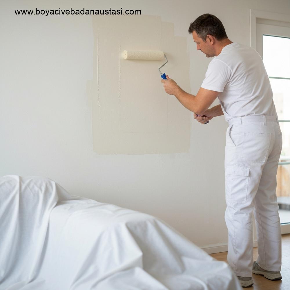 Profesyonel bir boyacı, temiz iş kıyafetleri içinde, parlak ve modern bir oturma odası duvarına yüksek kaliteli bir rulo kullanarak özenle pürüzsüz, tek tip bir iç cephe boyası uyguluyor. Oda, aşağıdaki mobilyaları koruyan temiz örtülerle kaplı, doğal gün ışığıyla iyi aydınlatılmış. Yeni uygulanan, kusursuz boya yüzeyinin dokusuna odaklanılmıştır. Gerçekçi stil, yüksek detay, resimde metin yok.