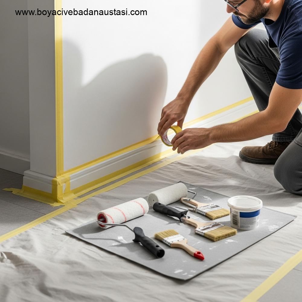 İzmir'de güneşli bir odada iç duvarı hazırlayan profesyonel bir boyacının yüksek detaylı, gerçekçi fotoğrafı. Boyacı, süpürgelik ve tavan kenarları boyunca hassas çizgiler sağlamak için özenle maskeleme bandı uyguluyor. Yakınlardaki koruyucu branda üzerindeki aletler arasında yüksek kaliteli boya ruloları, fırçalar ve küçük bir beyaz astar kabı bulunuyor. Hazırlık sürecinin temiz ve düzenli doğasına odaklanın. Görüntüde görünür metin veya harf yok. Yumuşak, doğal aydınlatma.