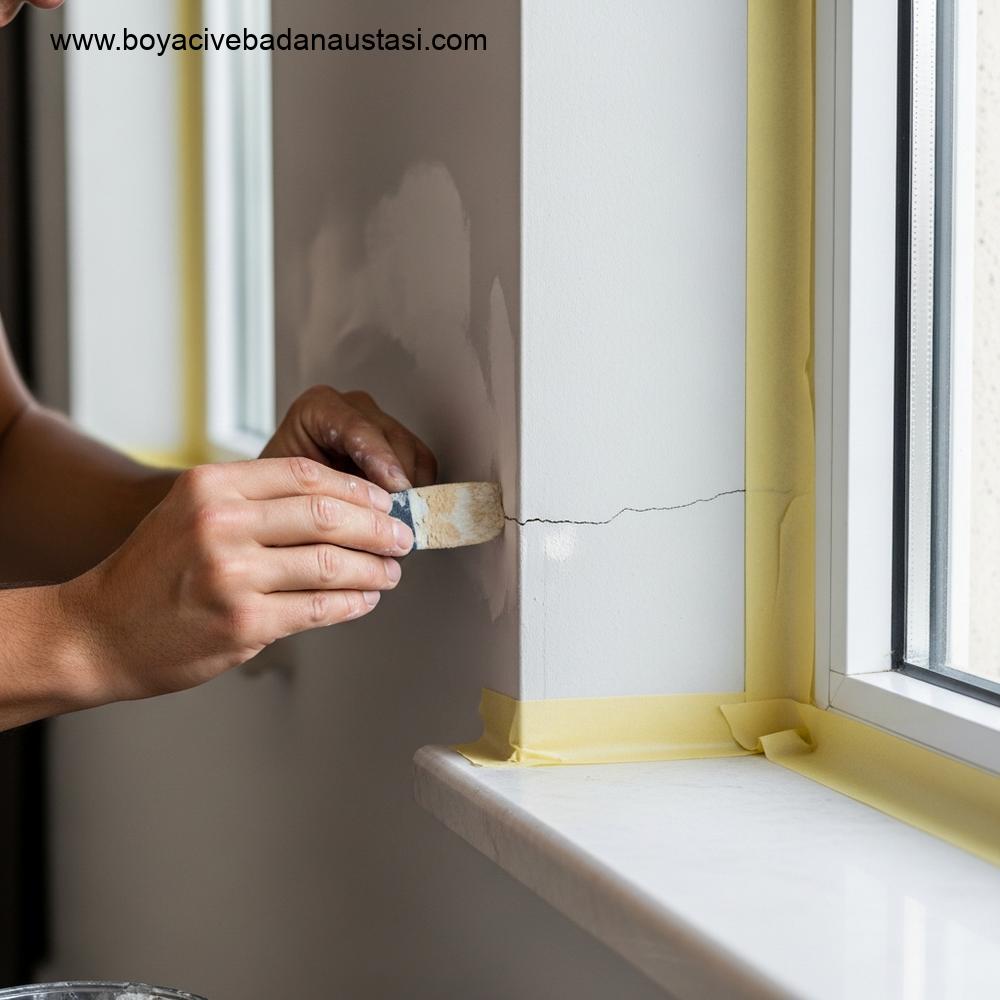 Profesyonel bir ressamın İzmir'deki modern, güneşli bir dairede oturma odası duvarını hazırlarkenki detaylı fotoğrafı.