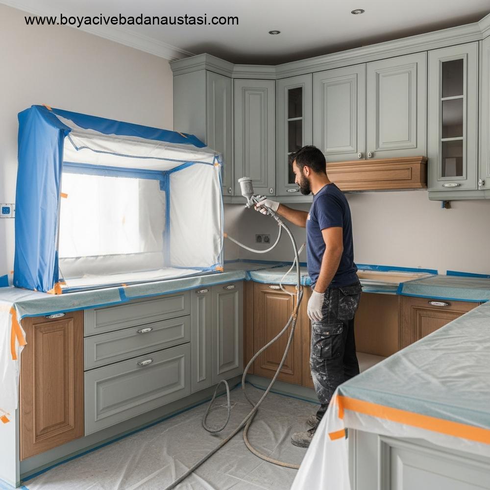 İzmir'de modern bir mutfak iç mekanında, yetenekli bir teknisyen tarafından koruyucu bir kabin içinde sprey tabancasıyla ustaca boyanan ahşap mutfak dolapları. Boya rengi açık gri tonlarındadır.