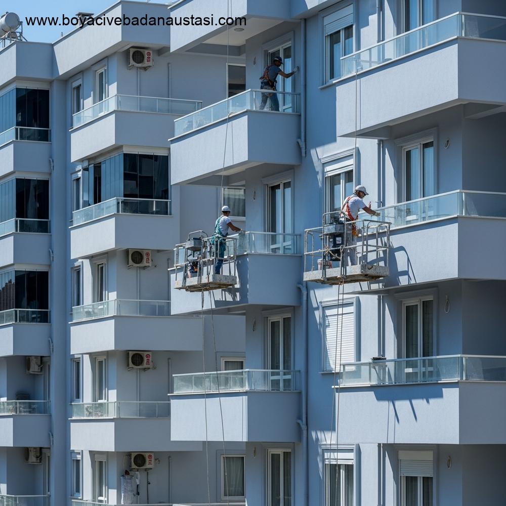 İzmir'de modern, çok katlı bir konut kompleksinin dış cephesinin profesyonelce boyandığını gösteren gerçekçi bir fotoğraf.