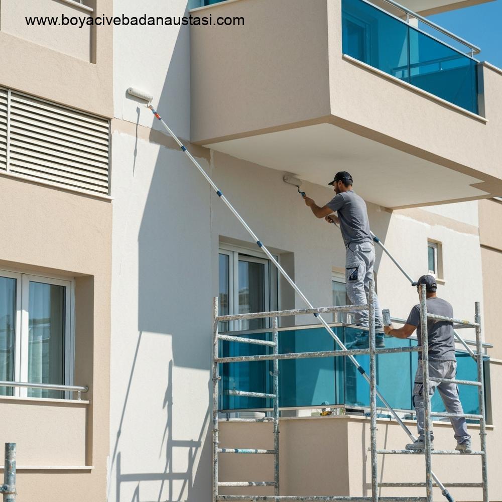 Güneşli bir sahil kentinde, bir apartmanın dış cephesini iskele üzerinde profesyonelce boyayan iki kişilik bir ekibin yakından görünüşü.