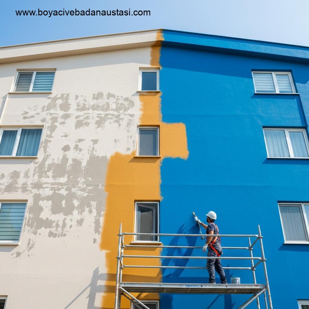 İzmir'de parlak bir gökyüzü altında, modern bir konut binasının dış cephesinin yenilenme sürecini gösteren geniş açılı bir fotoğraf. Yeni boyanmış ve eski kısımlar arasındaki kontrast görülmektedir.