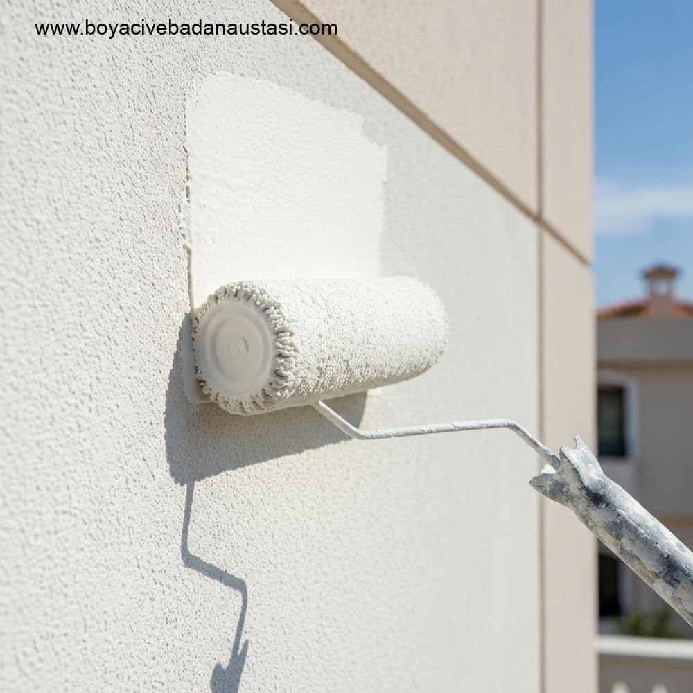 İzmir'de çağdaş bir binanın dış cephesinde yüksek kaliteli, dayanıklı, açık renkli dış cephe boyasının son uygulamasını gösteren yüksek çözünürlüklü yakın çekim.