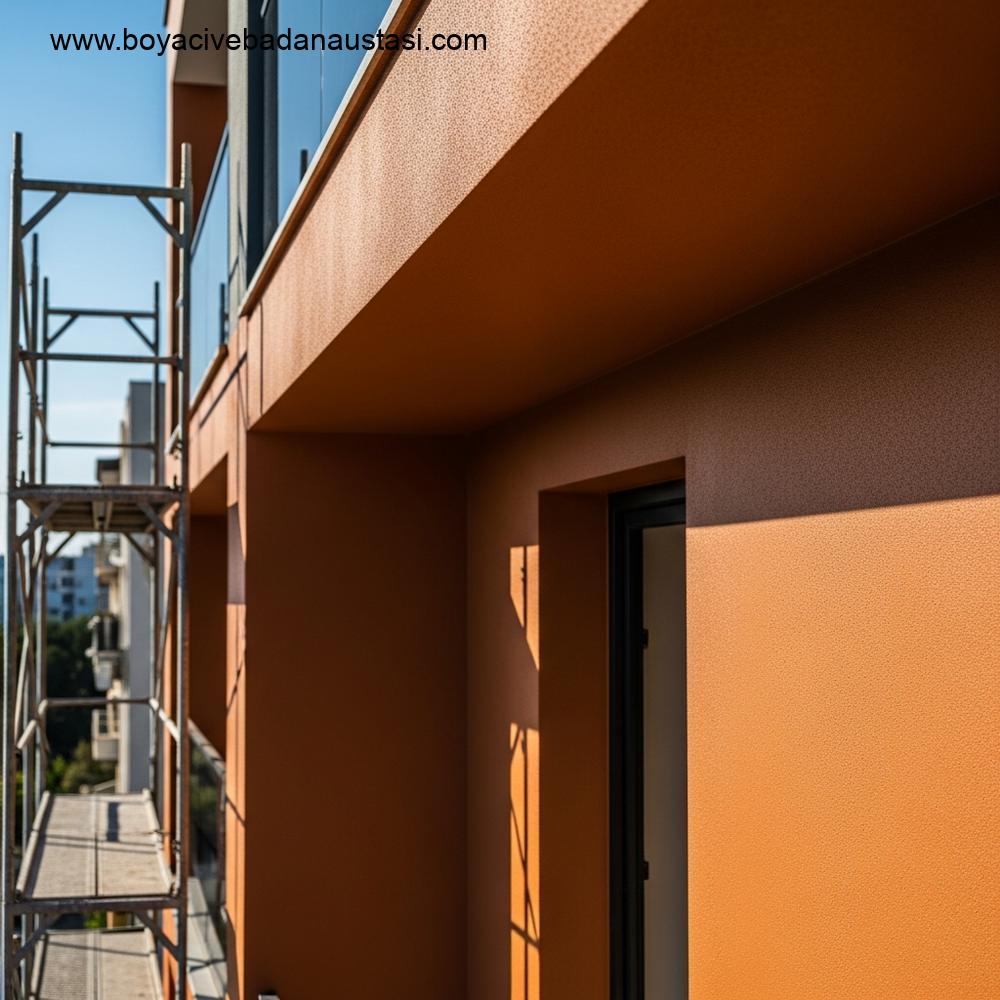 İzmir'de güneşli havada modern bir bina cephesine uygulanan yüksek kaliteli dış cephe boyasının dokusunu ve zengin rengini vurgulayan detaylı, gerçekçi bir görünüm. Uygulanan boyanın hava koşullarına karşı dayanıklılığı öne çıkarılmaktadır.