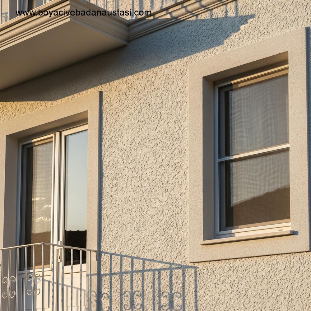 İzmir'de geleneksel bir taş binanın dış cephesinin yakından çekilmiş, hava koşullarına dayanıklı, yeni boyanmış yüzeyi. Boya altındaki sıva dokusu hafifçe seçilebiliyor.