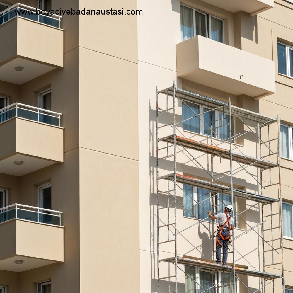 İzmir'de profesyonel bir işçi tarafından yeni boyanmış açık bej renkli bir apartmanın dış cephesi. İşçi güvenlik ekipmanıyla birlikte modern iskele üzerinde çalışıyor.