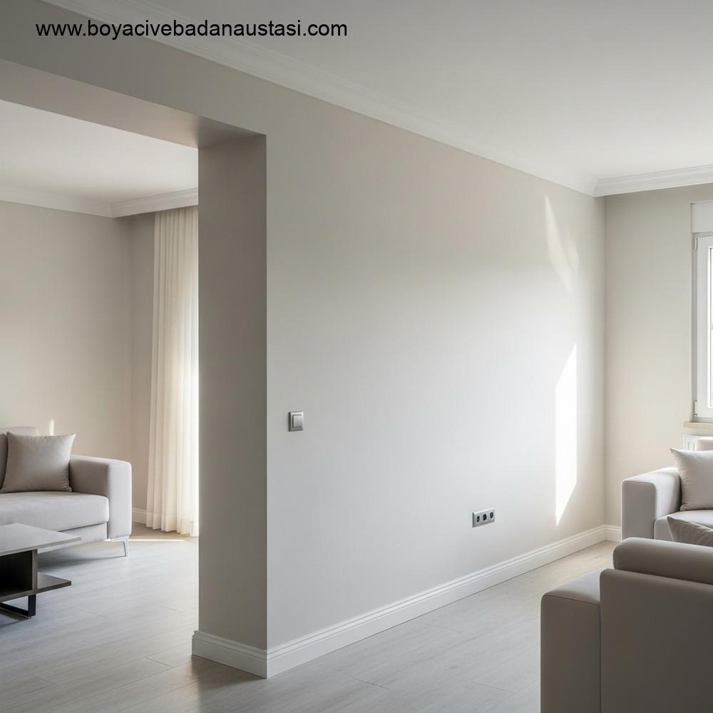 Yeni boyanmış, modern ve aydınlık bir İzmir oturma odasının fotogerçekçi görüntüsü. Duvarlar temiz, nötr bir renkte ve kusursuz bir pürüzsüzlük sergiliyor.