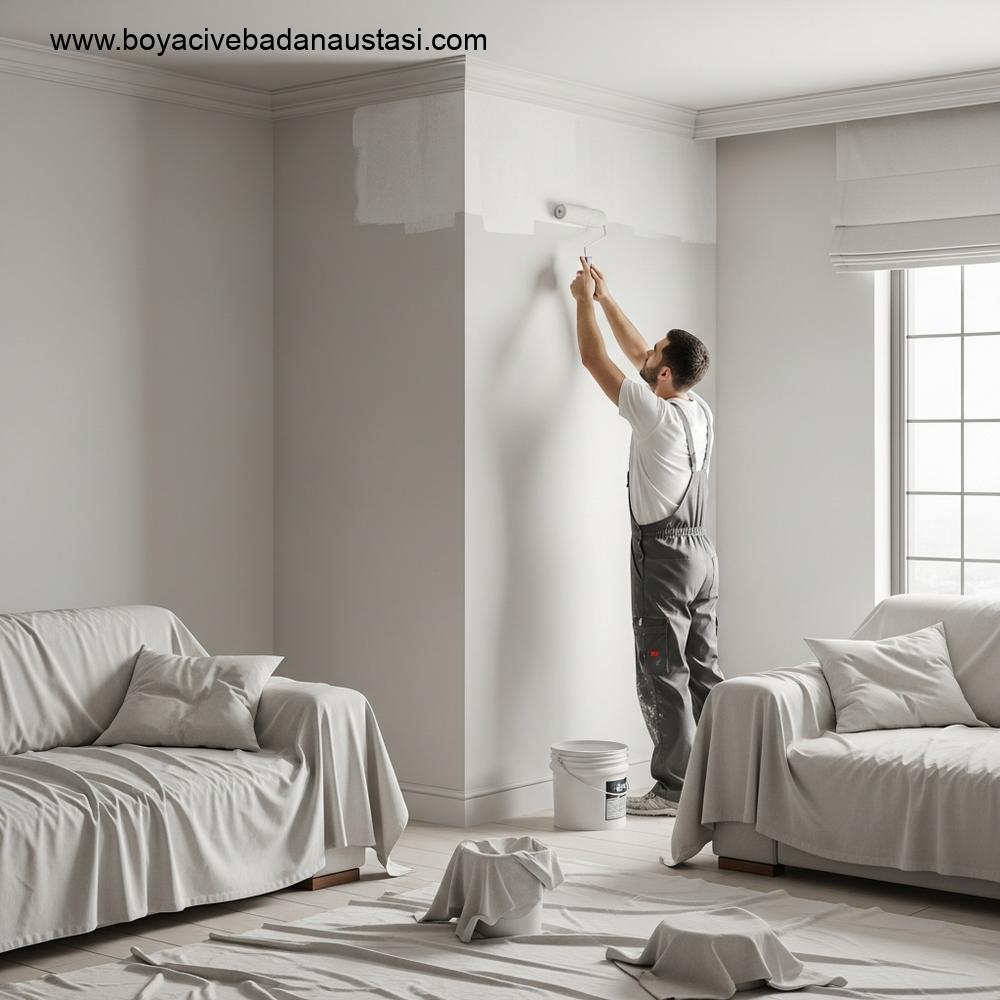 İzmir'de taze boyanmış modern bir oturma odasının iç mekan görüntüsü, profesyonel bir boyacı tavan köşesine son katı uygulamaktadır.