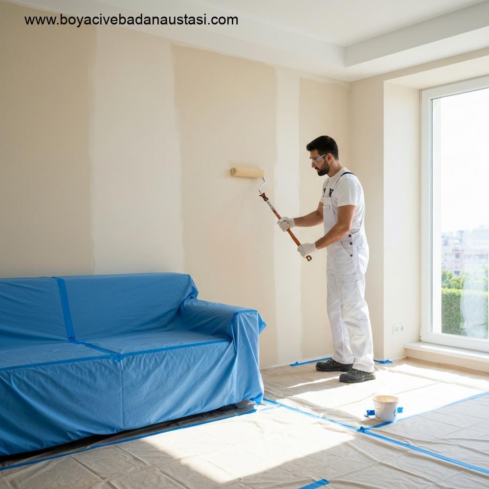 İzmir'de modern bir oturma odasının detaylı iç cephe boya uygulamasını gösteren bir fotoğraf. Profesyonel bir usta, kusursuz bir saten boya katmanı uyguluyor.