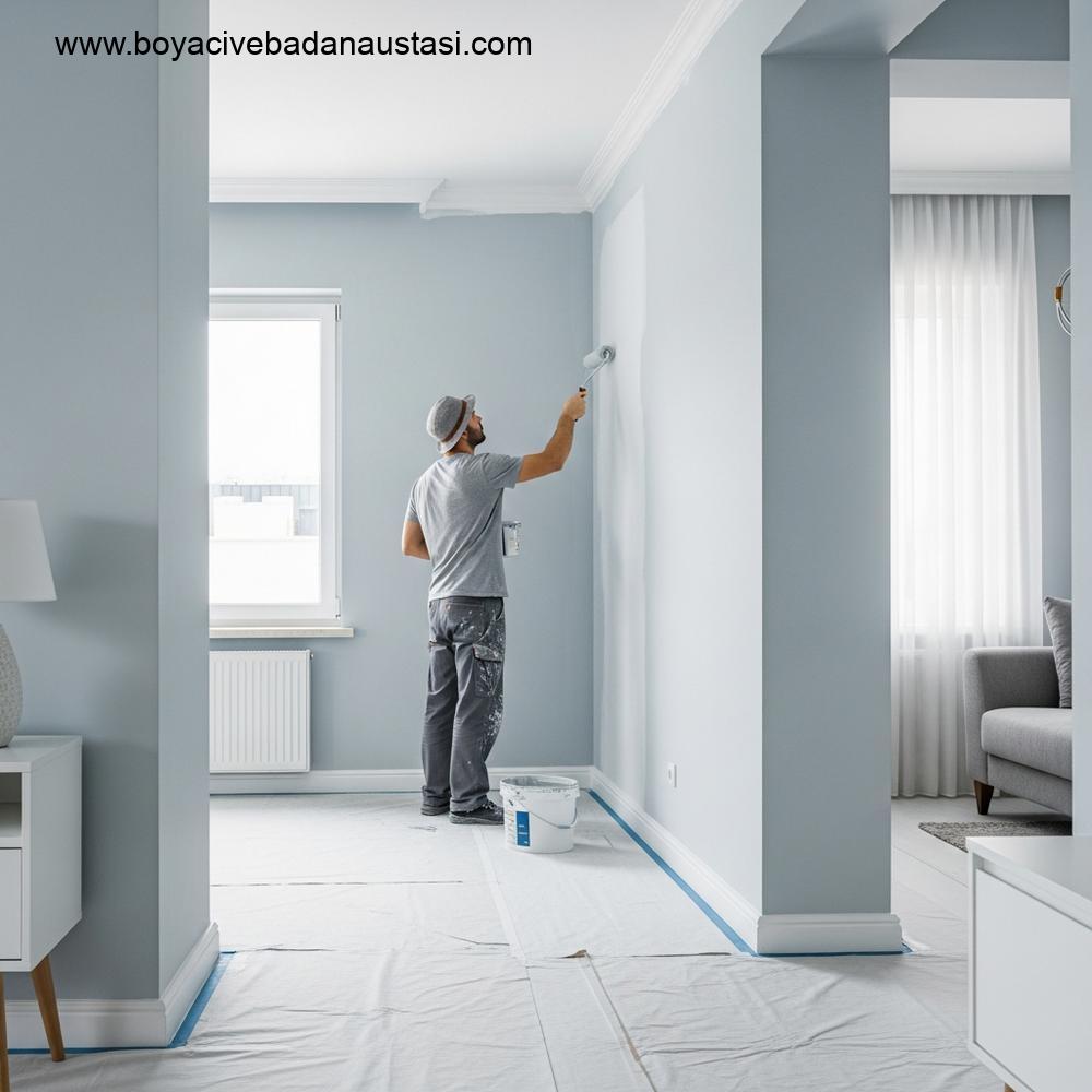 İzmir'de modern, temiz ve aydınlık bir iç oturma odası, sakinleştirici açık gri tonlarda yeni boyanmış duvarları sergiliyor. Profesyonel bir boyacı, yüksek bir duvara dikkatlice rulo ile boya uyguluyor ve düzgün bir bitişe odaklanıyor. Odanın zemini tamamen koruyucu bezlerle kaplı.