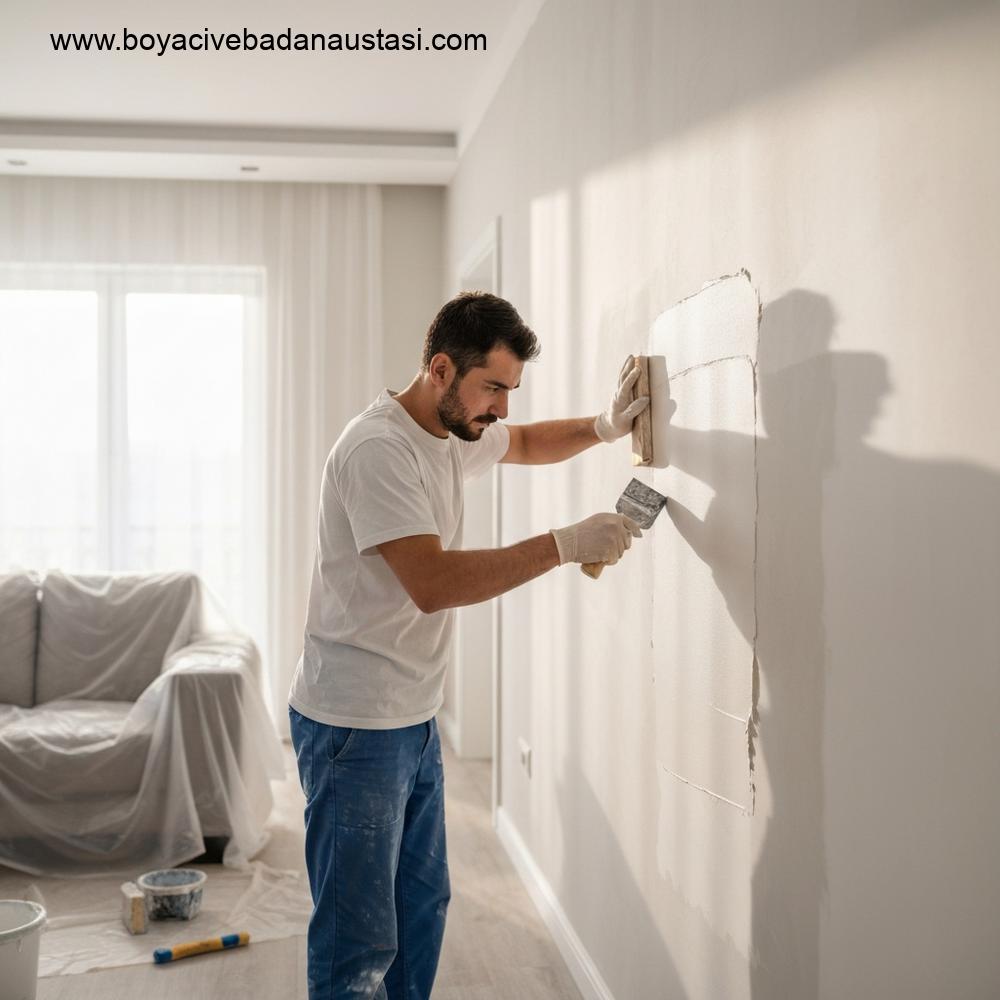 İzmir'de modern bir oturma odasında iç cephe duvar yüzeyinin titizlikle hazırlanması, macunlama veya zımparalama sürecini gösteren profesyonel bir fotoğraf.