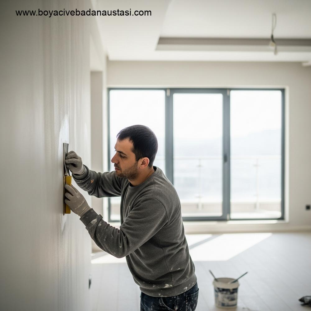 Profesyonel bir boyacının İzmir'de aydınlık, modern bir oturma odasında iç duvar yüzeyini dikkatlice hazırlama sürecinin gerçekçi fotoğrafı. Odak noktası, boyamadan önce yapılan özenli düzeltme ve zımparalama (badana) işlemidir. Yüksek çözünürlüklü, detaylı dokular dikkat çekmektedir.