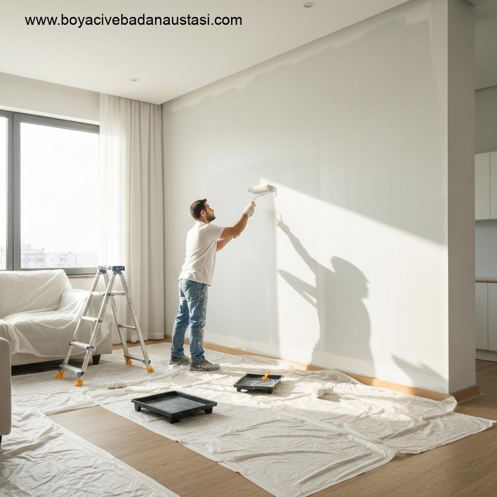 İzmir'de modern, aydınlık bir oturma odasında profesyonel bir ustanın duvarı rulo ile titizlikle boyamasını gösteren yüksek detaylı bir iç mekan fotoğrafı.