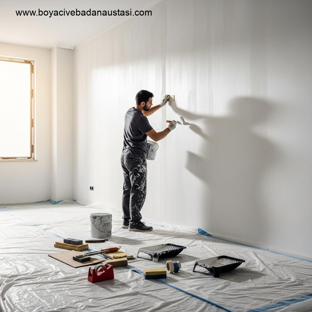 İzmir'de profesyonel bir boyacı ustasının boş bir iç mekanda son kat boyadan önce astar uygulamasını titizlikle yaptığı bir yüzey hazırlık aşaması.