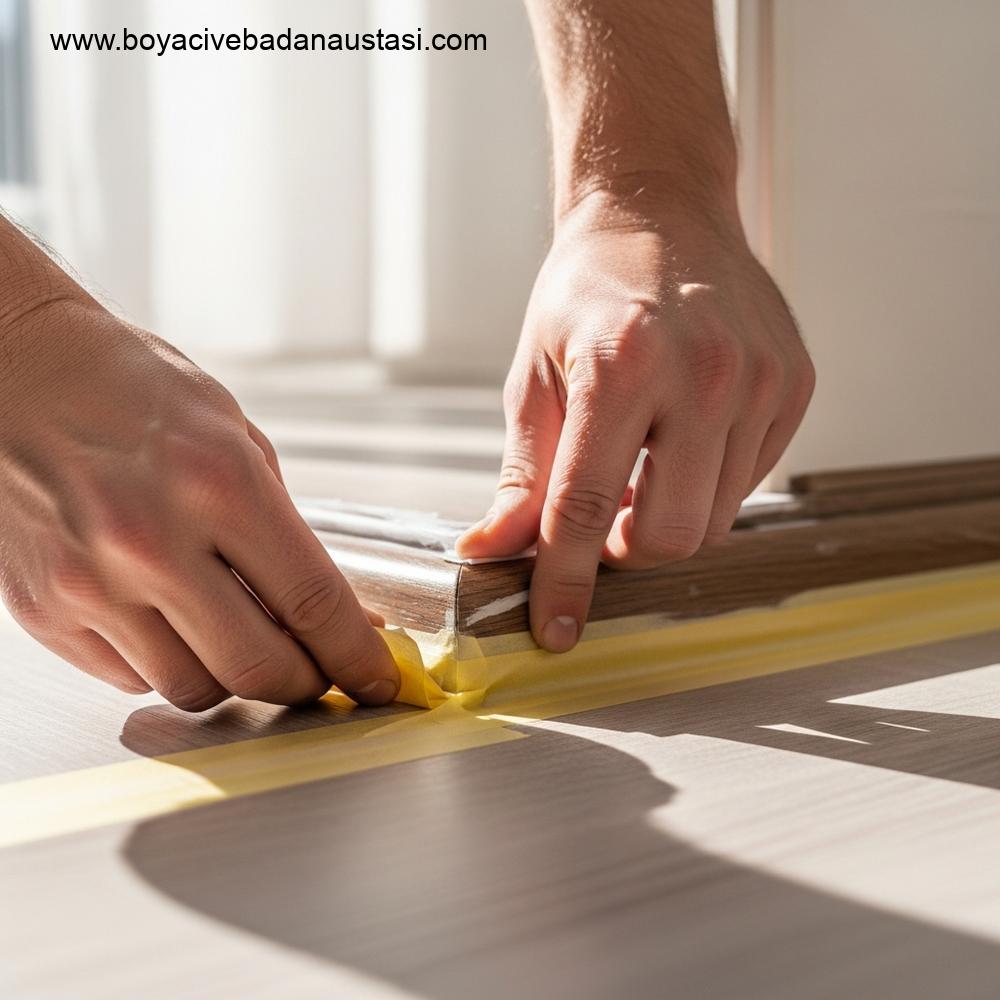 Deneyimli bir boyacının ellerinin yakın çekimi. Ahşap pervazların etrafını hassas bir şekilde maskelemek için özel maskeleme bandı ve koruyucu film kullanılıyor.