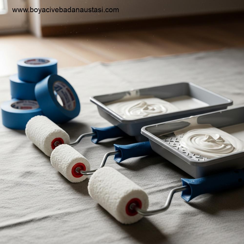 Temiz bir şekilde düzenlenmiş boya rulosu, tepsi ve maskeleme bandı gibi profesyonel boyacı aletlerinin yakından çekilmiş detayı.