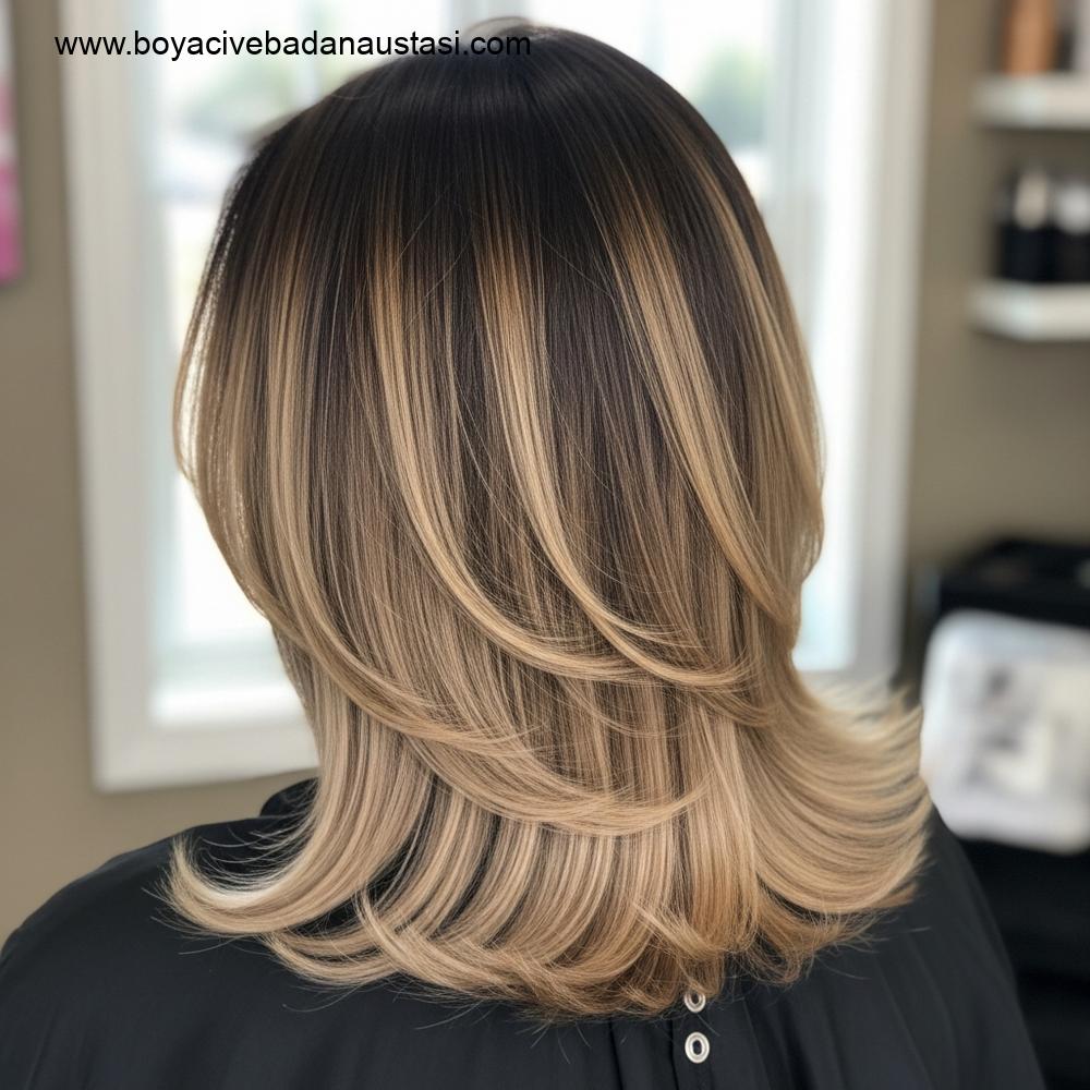 Kusursuz bir şekilde harmanlanmış, çok tonlu kalıcı balayaj saç rengine sahip bir kadının orta çekim, yüksek detaylı, gerçekçi fotoğrafı. Saç, koyu köklerden daha açık, parlak uçlara doğru kesintisiz bir geçiş sergiliyor.