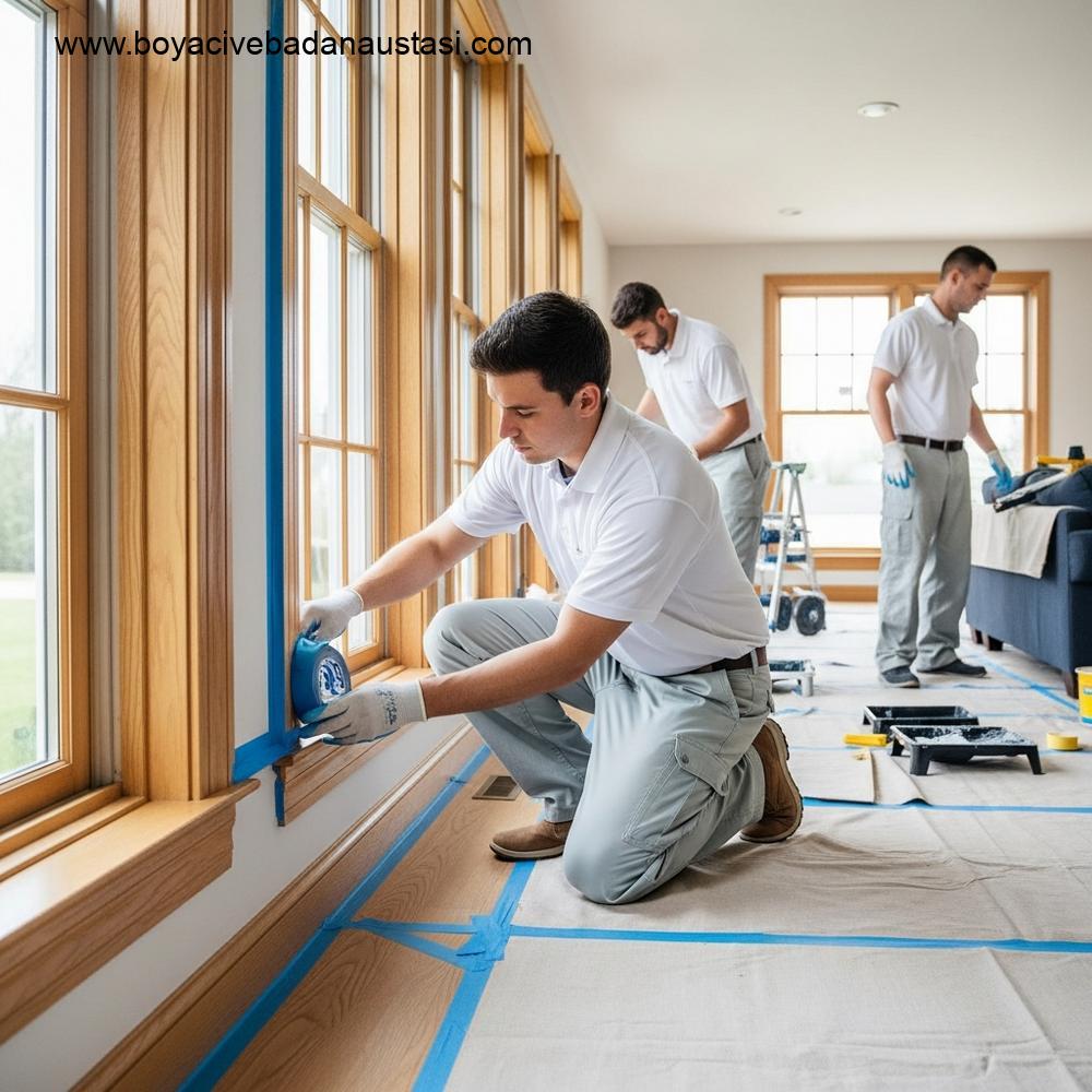 Temiz iş kıyafetleri giymiş profesyonel bir ekip, dış cephe boyama hazırlıklarına başlamadan önce parlak, modern bir oturma odasında ahşap pencere pervazlarını ve zemin pervazlarını özenle maskeliyor. Bir işçi, duvarın çerçeveyle buluştuğu kenara dikkatlice geniş, mavi maskeleme bandı uyguluyor. Damlatma bezleri ve boya tepsileri gibi aletler arka planda düzenli bir şekilde sıralanmış. Atmosfer, hassasiyet ve mülk koruma özenini yansıtmalıdır. Gerçekçi, yüksek çözünürlüklü görüntü, görünür metin veya logo yok.