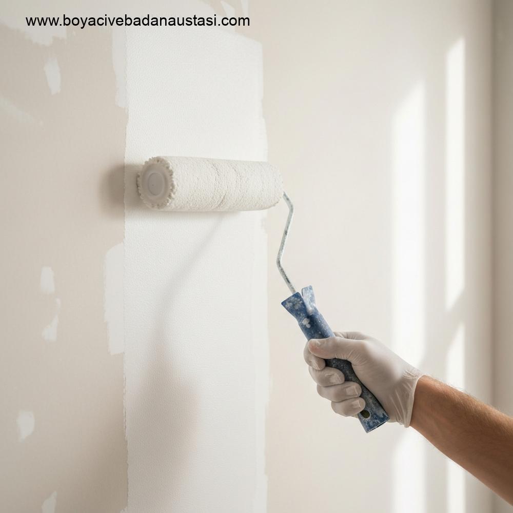 İzmir'de bir profesyonel boyacının temiz, pürüzsüz iç duvar yüzeyine özenle astar uyguladığı, yüksek kaliteli rulo kullandığı yakın çekim fotoğraf.