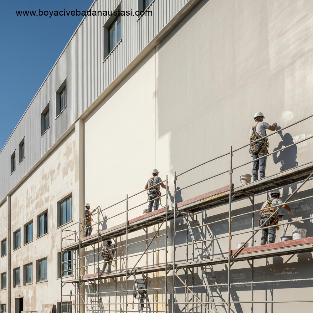 İzmir'de bir binanın dış cephesinin profesyonel bir ekip tarafından bej renkte yalıtım boyası ile yenilenme süreci.