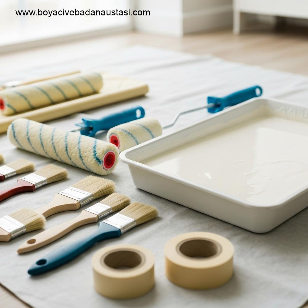 Profesyonel boyacıların hazırladığı malzemeler: boya rulosu, fırçalar, boya tepsisi ve maskeleme bantları düzenli bir şekilde serilmiş.