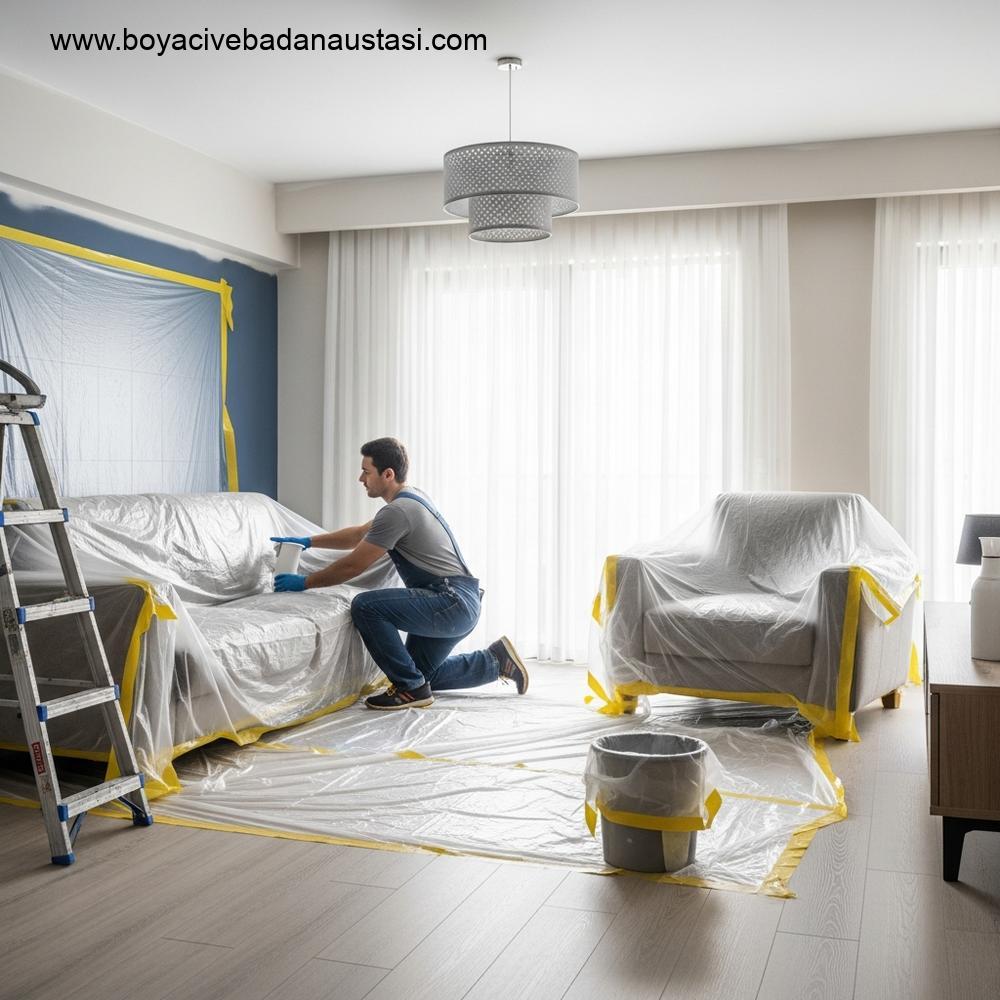 İzmir'de modern bir dairenin oturma odasının geniş, gerçekçi bir görüntüsü, profesyonel bir ekip üyesinin boya başlamadan önce mobilya kenarlarını koruyucu plastik örtü ile verimli bir şekilde maskelediğini gösteriyor.